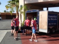 Unloading luggage bags at the Palm Springs motel.